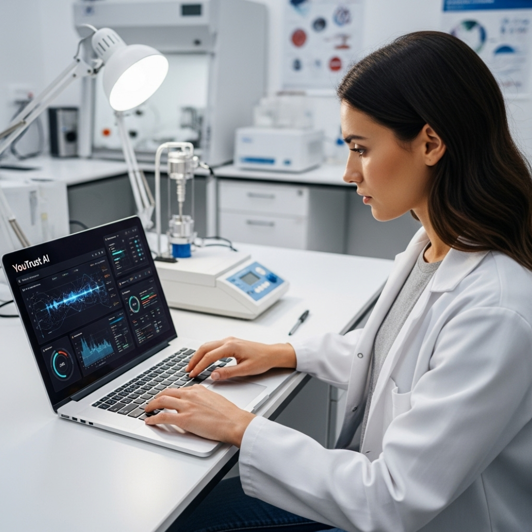 Chercheuse analysant des données avec YouTrust AI en laboratoire