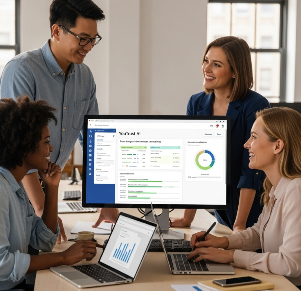 Équipe diverse collaborant sur l'analyse de données YouTrust AI